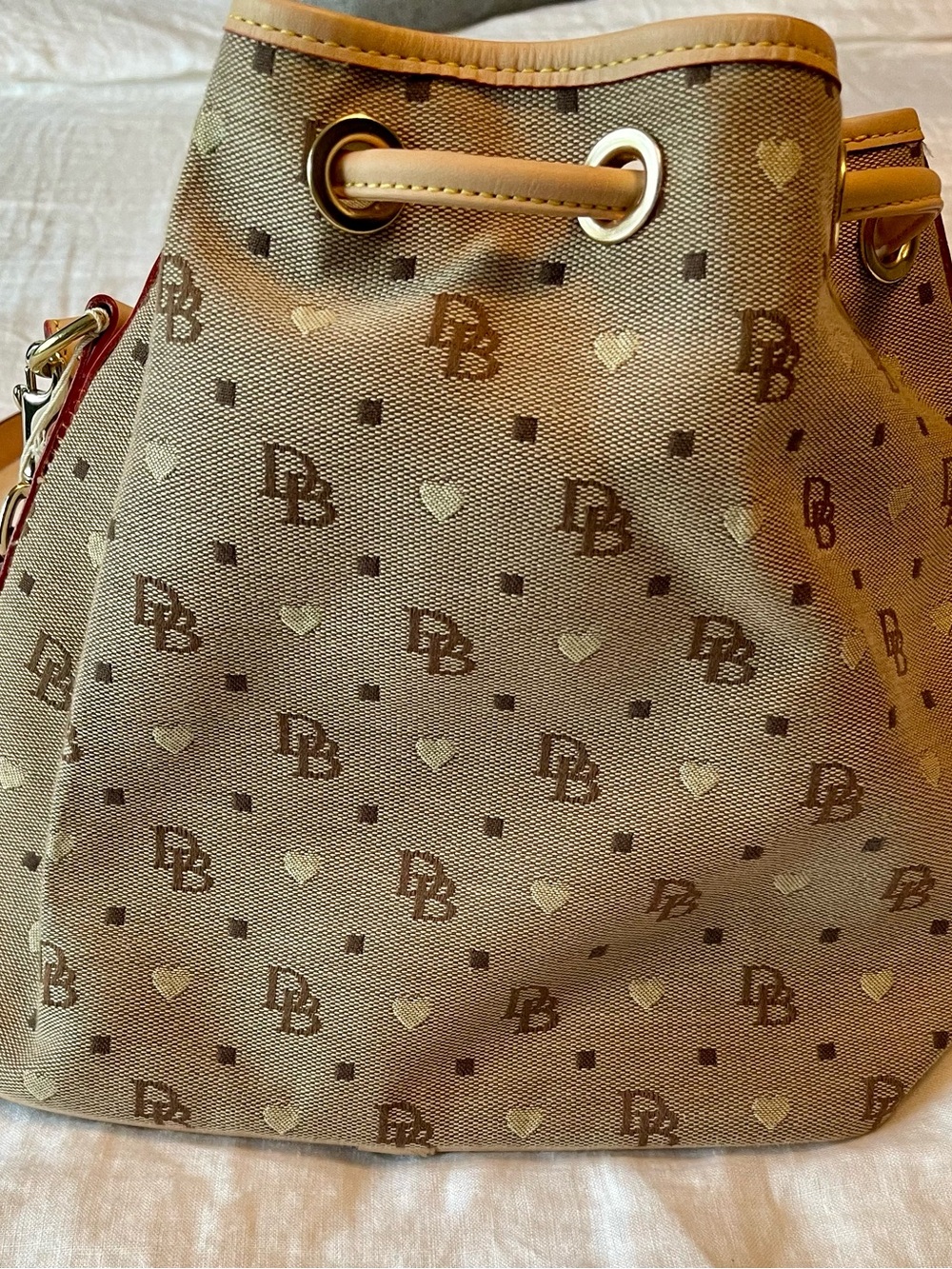 Dooney & Bourke Tan Monogram Drawstring Bucket Bag with Leather Trim - Picture 2 of 9